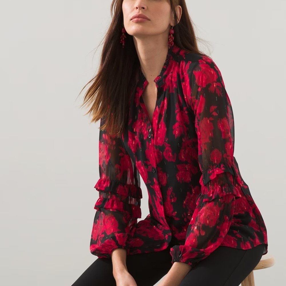 Lurex Ikat Jacquard Ruffle Blouse